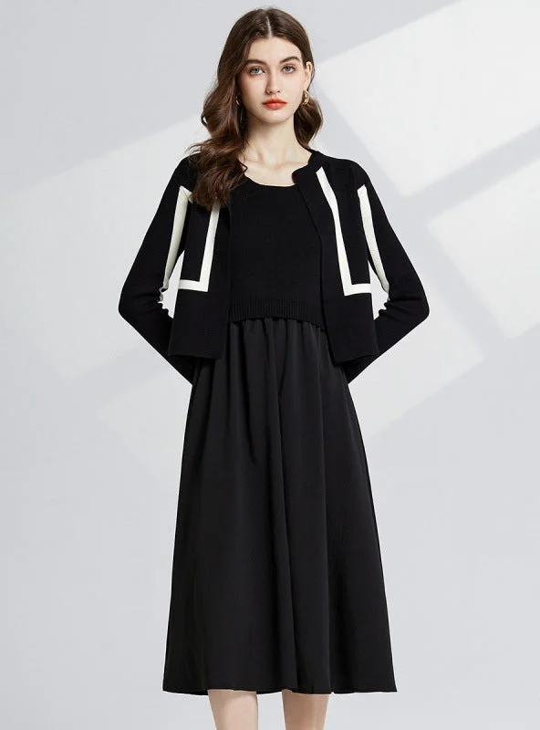 Black and White Contrast Vest Dress+Coat 2-piece Set Color block unclassified dresses