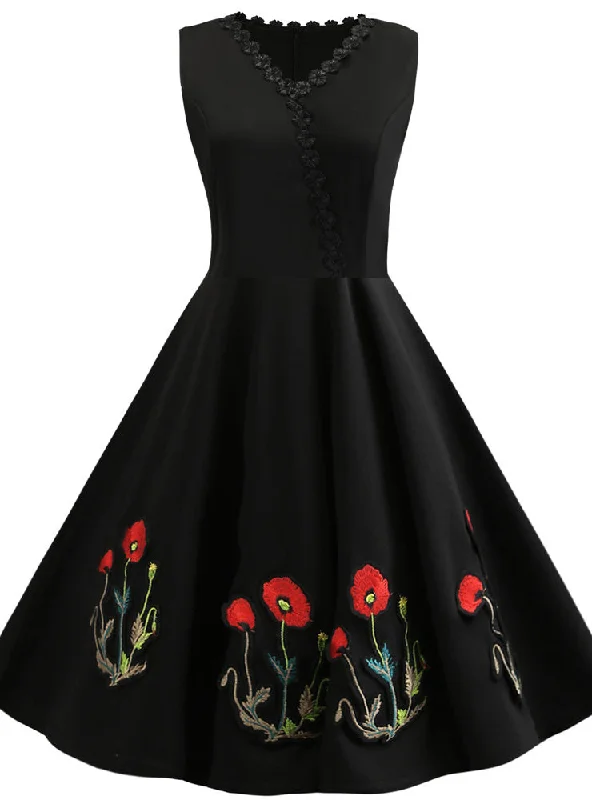 Black Flower Embroidered Dress Lounge unclassified dresses