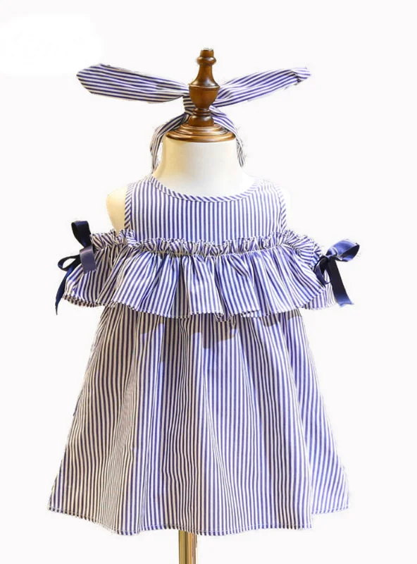 Blue Stripe Kids Ruffles Dress Headband Korean Beaded unclassified dresses