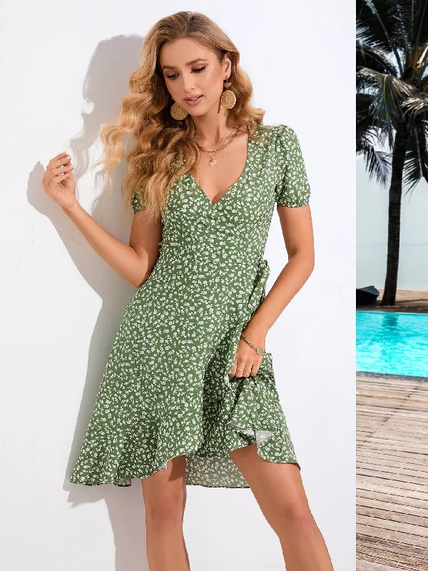 Bohemian Floral V-neck Short Sleeve Dress Garden party floral dresses