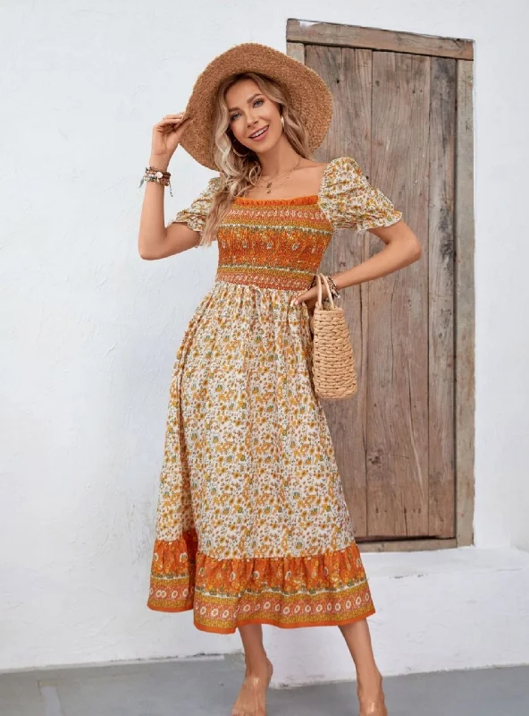 Bohemian Square Collar Bubble Sleeve Printed Dress Fashion-forward floral dresses