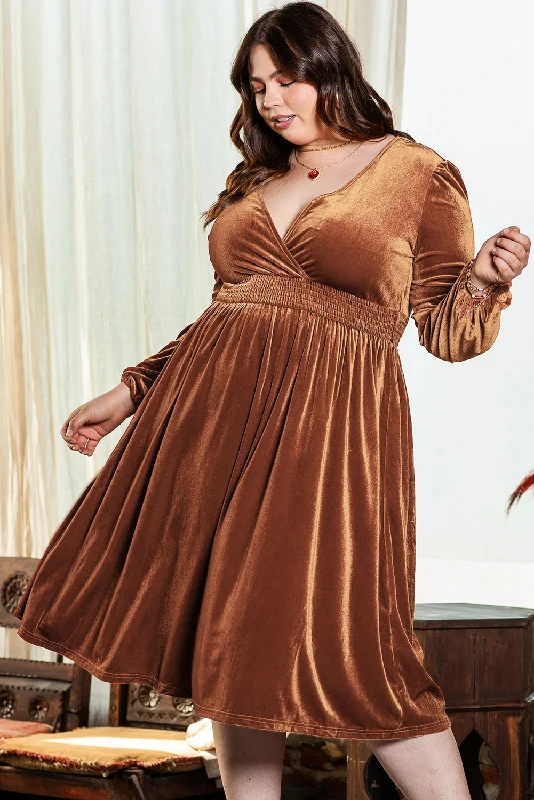 Camel Surplice V Neck Balloon Sleeve Velvet Dress Silk unclassified dresses