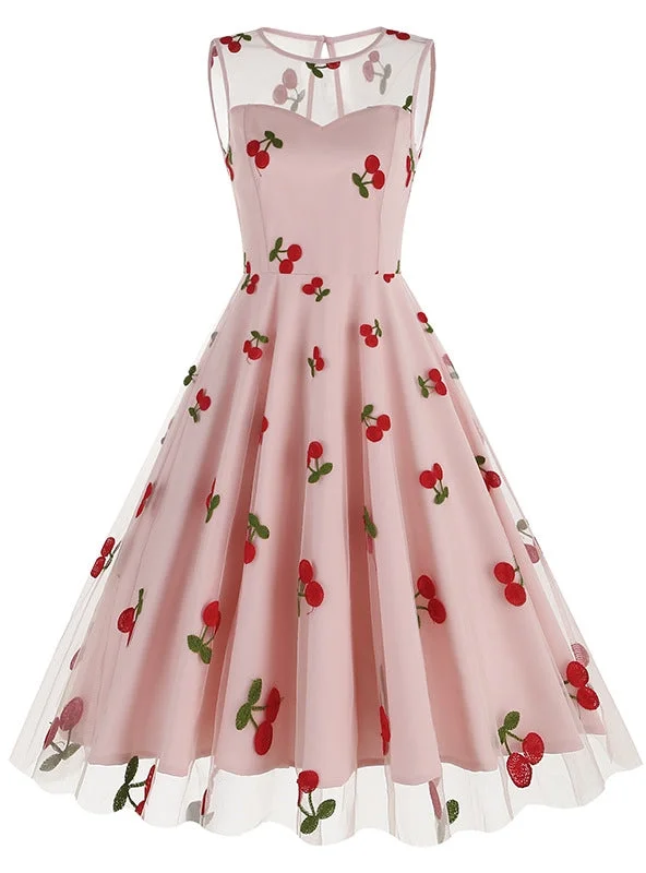 Cherry Round Neck Gauze Retro Dress Neutral tone unclassified dresses