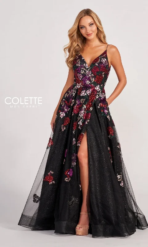 Black Prom Dress CL2069 with Multicolor Floral Appliques Short floral dresses