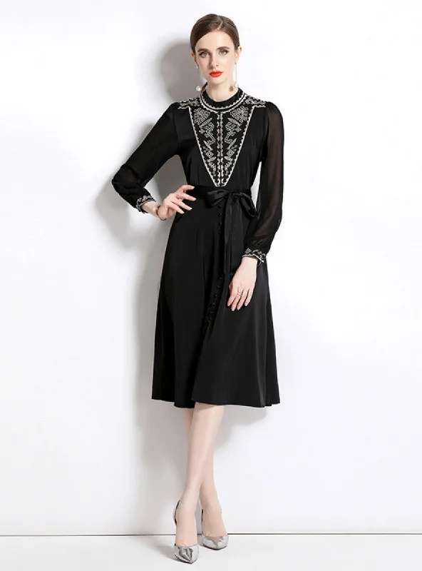 Embroidered Perspective Bubble Sleeve Belt Dress Dark color unclassified dresses