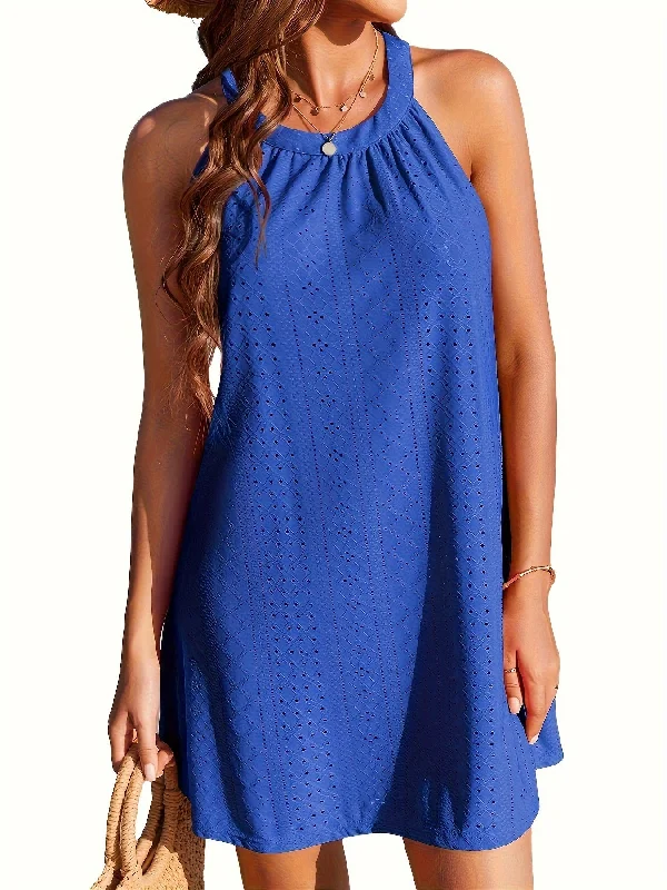 Eyelet Embroidered Crew Neck Dress, Casual Sleeveless Dress Knitted unclassified dresses