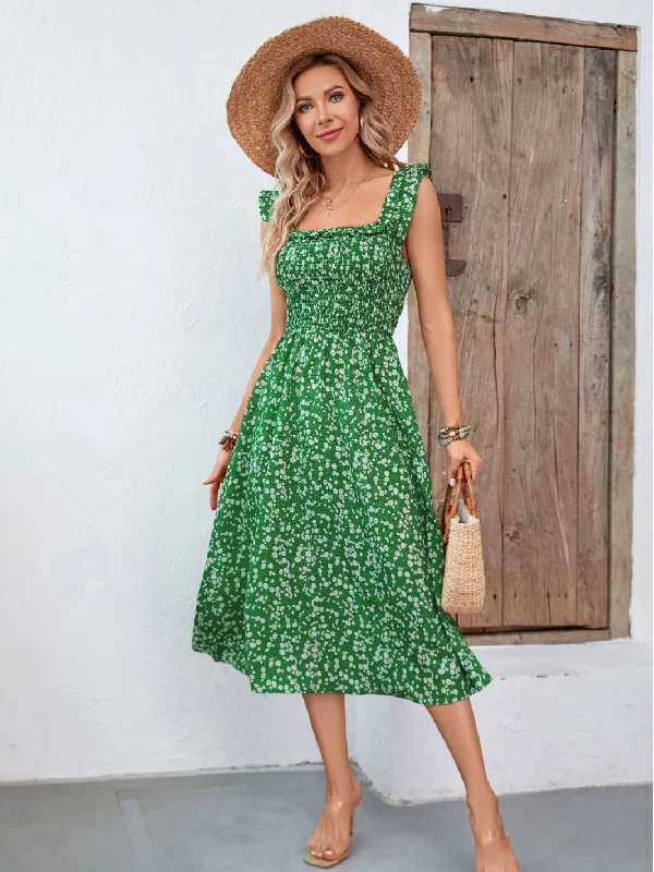 Green Floral Temperament Bohemian Dress New Year's Eve floral dresses