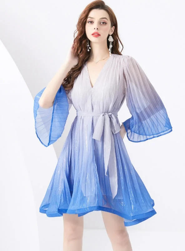 Holiday V-neck Trumpet Sleeve Pleated Gradient Dress Luxury unclassified dresses