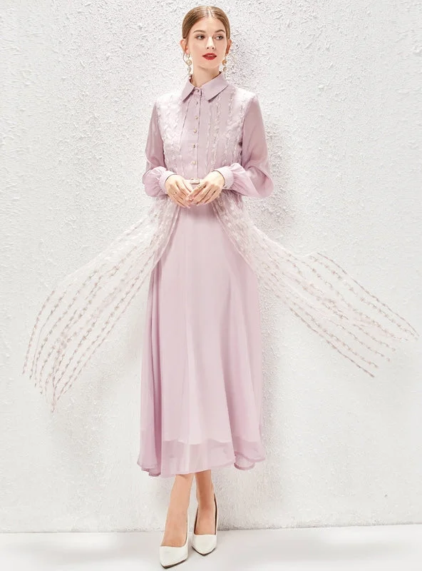 Lapel Lantern Sleeve Gauze Stitching Dress Lace unclassified dresses