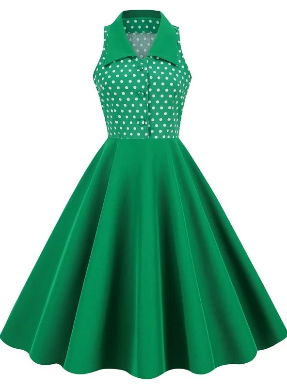 Lapel Sleeveless Polka Dot Green Retro Dress Lightweight unclassified dresses