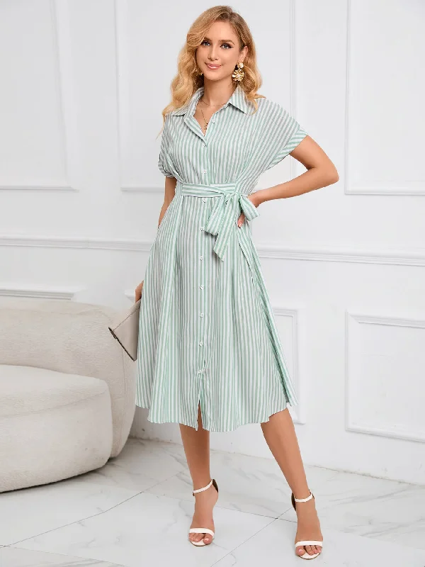 Lapel V-neck Striped Dress with Belt Preppy unclassified dresses