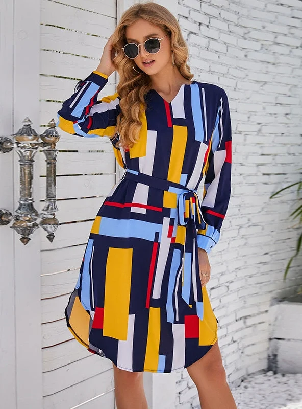 Large Size Collar Color Block Belt Design Dress Popular unclassified dresses