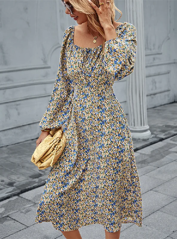 Long Sleeve Print Square Neck Long Dress Formal floral dresses