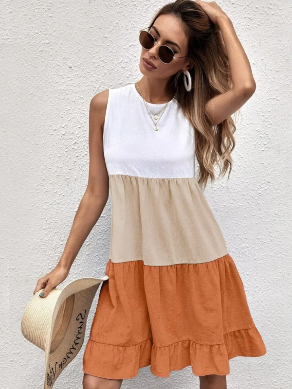 Loose Casual Stitching Contrast Ruffled Dress Cotton unclassified dresses