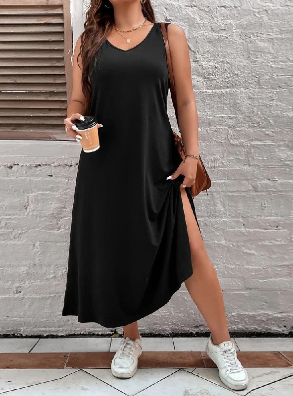 Loose Solid Color Sleeveless Vest V-neck Dress Everyday wear unclassified dresses