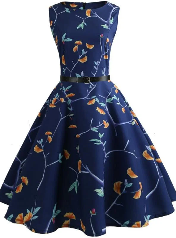 Navy Blue Print Retro Sleeveless Dress Petite floral dresses