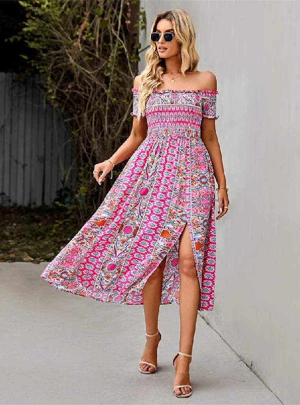 Off the Shoulder Bohemian Split Dress Tiered unclassified dresses