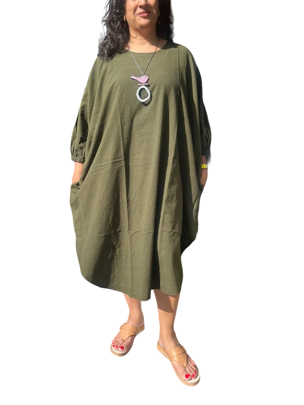 Olive Cotton Cocoon Dress with Dolman Sleeves Tulle unclassified dresses