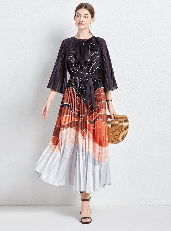 Pleated Loose Printed Pleated Long Seeve Dress Best floral dresses for elegant looks