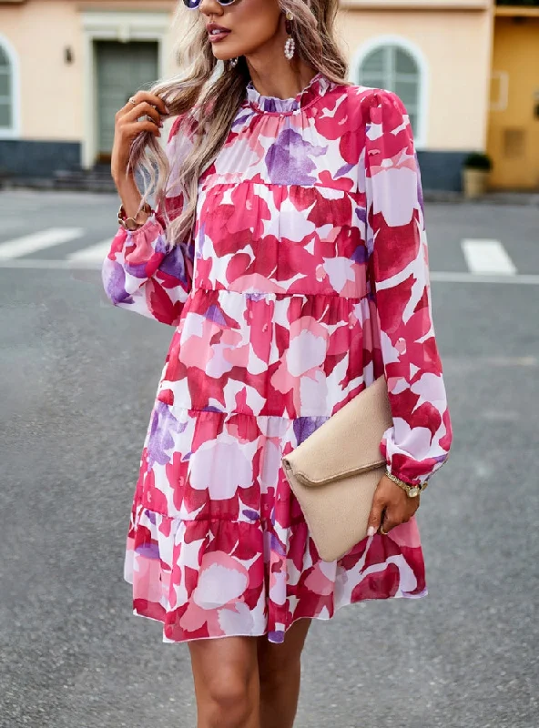 Printed Long-sleeved Short Dress Linen floral dresses