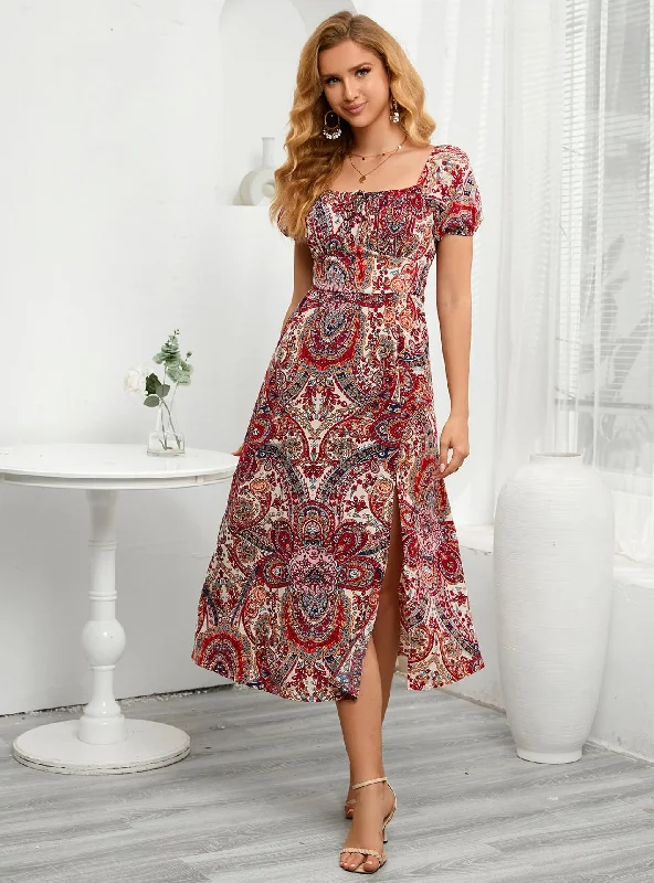 Printed Short Sleeve Split Sleeve Dress Cottagecore floral dresses