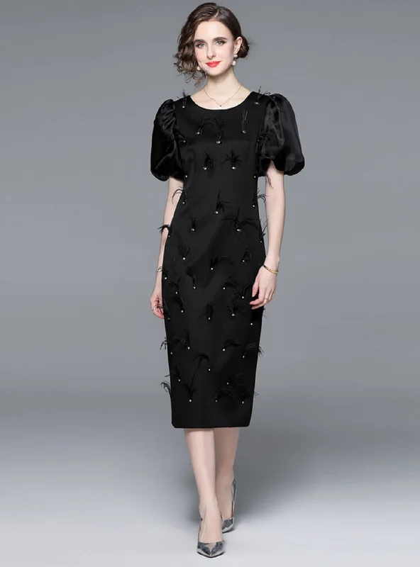 Retro Bubble Sleeve Heavy Beaded Dress Chiffon unclassified dresses