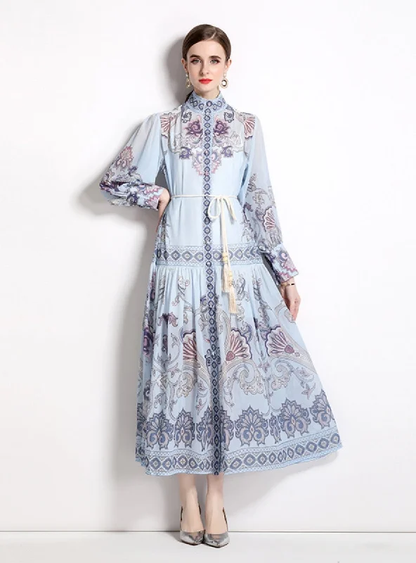 Retro Ethnic Print Single-breasted Dress Flowy floral dresses