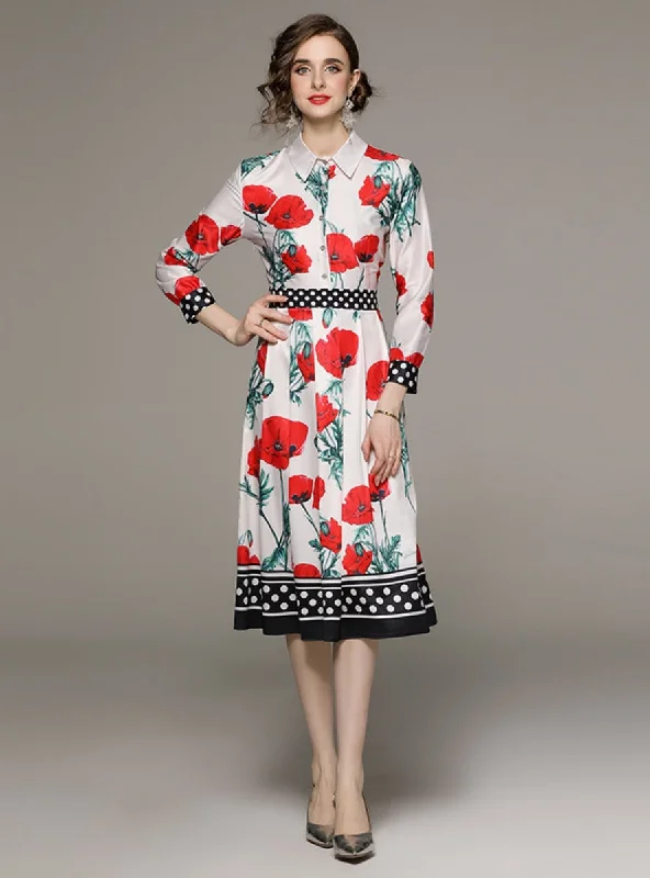 Retro Long Sleeve Lapel Slim Print Dress Women's trendy floral dresses sale