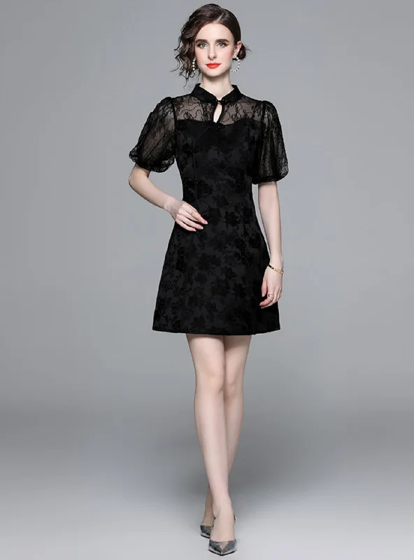 Retro Mesh Stitching Bubble Sleeve Black Dress Discounted unclassified dresses