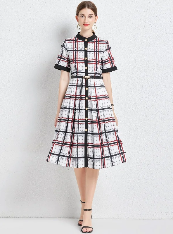 Retro Plaid Striped Dress With Belt Wrap unclassified dresses