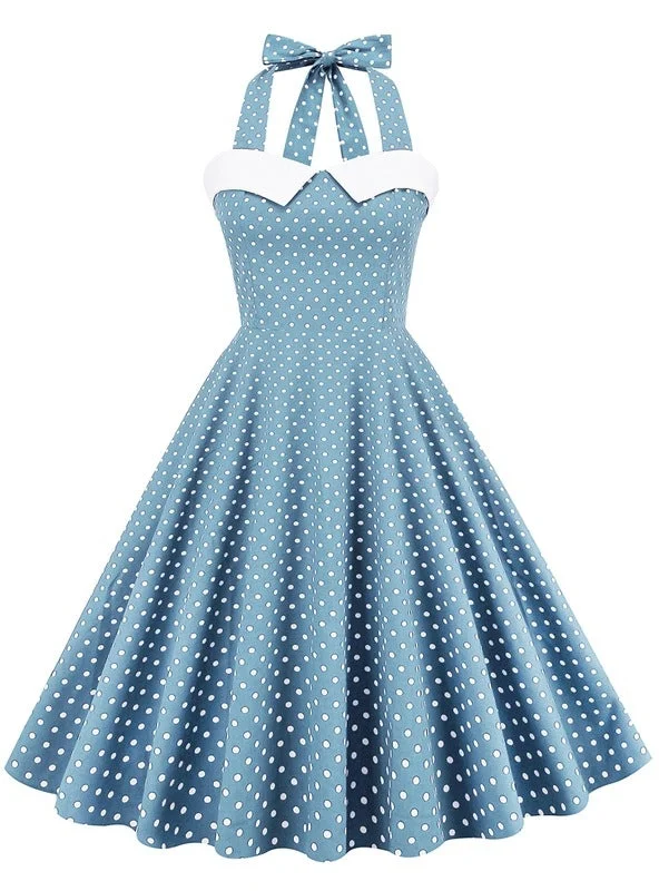 Retro Polka-dot Stitching Halter Big Swing Dress Bright color unclassified dresses