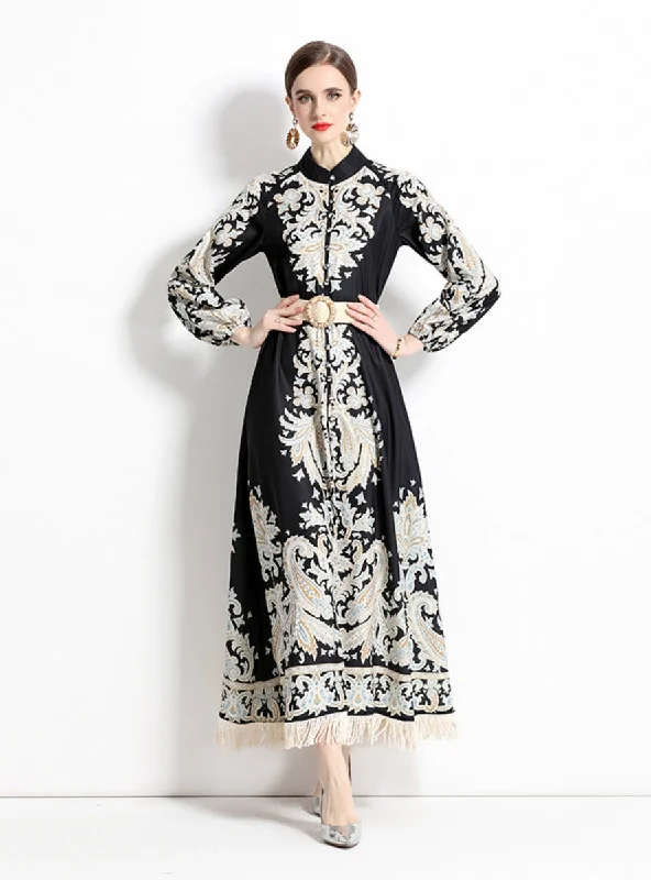 Retro Printed Long Sleeve Fringed Dress Linen floral dresses