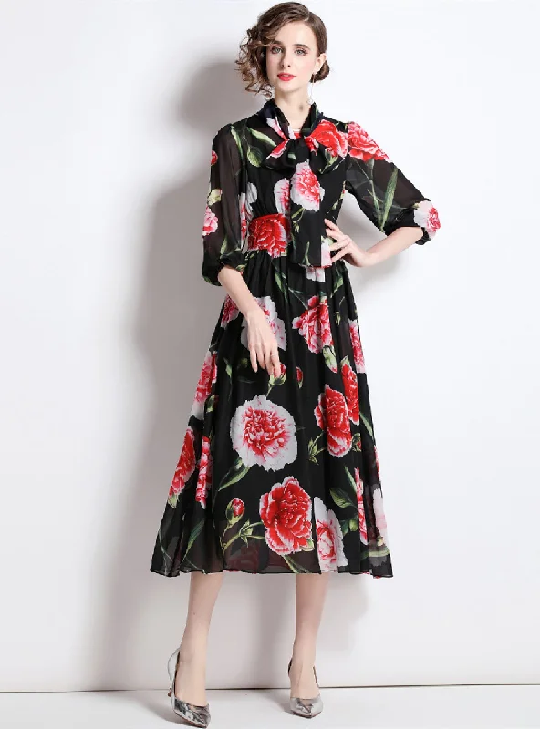 Rose Lantern Sleeve Slim Chiffon Dress Bold pattern unclassified dresses