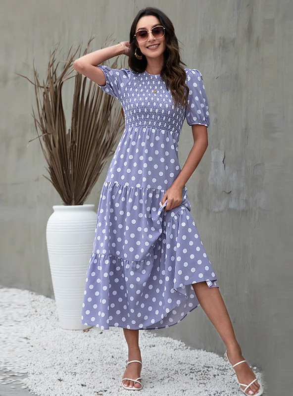 Round Neck Bubble Sleeve Polka Dot Print Dress Date night floral dresses