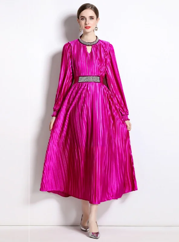 Round Neck Lantern Sleeve Beaded Pleated Dress Silk unclassified dresses