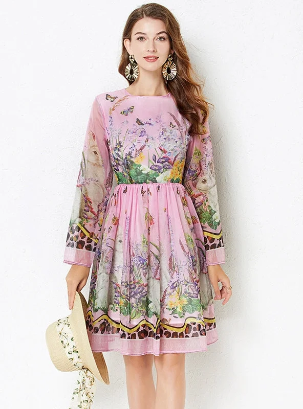 Round Neck Long Sleeve Purple Print Dress Anniversary floral dresses