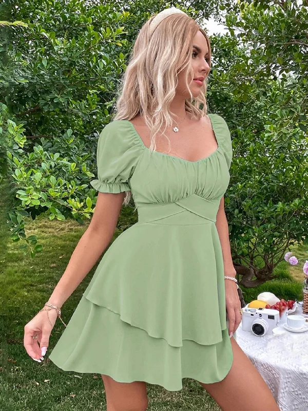 Slim-fit Bubble Sleeve Green Dress Stylish unclassified dresses