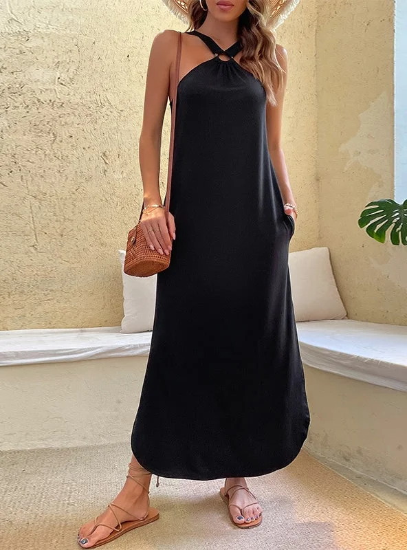 Sling Black Sleeveless Vest Halter Dress Casual unclassified dresses