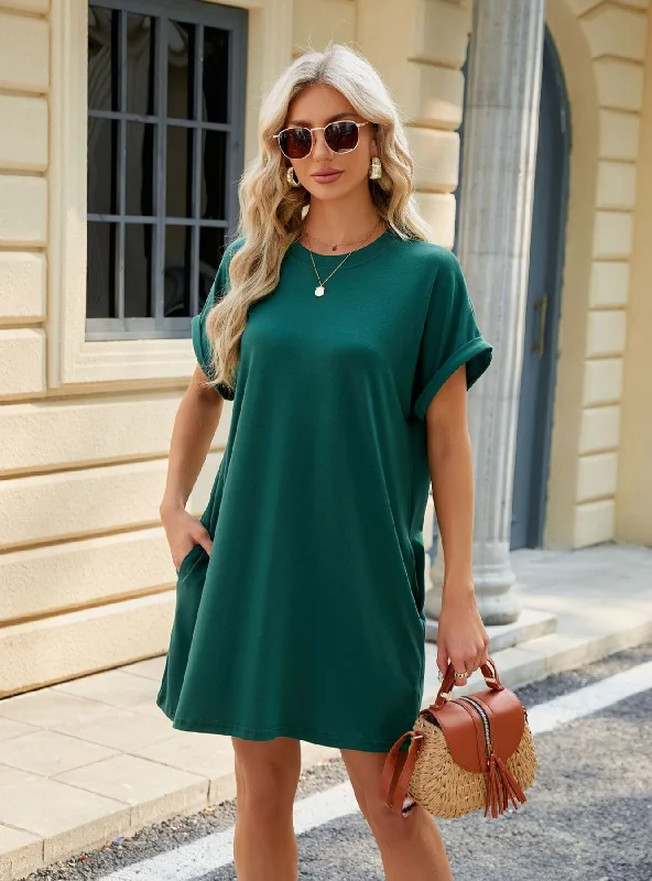 Solid Color Round Neck Pocket Dress Petite unclassified dresses