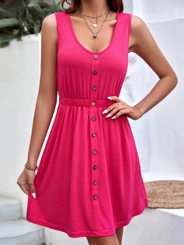 Solid Color Sleeveless Vest Button Round Neck Dress Knitted unclassified dresses