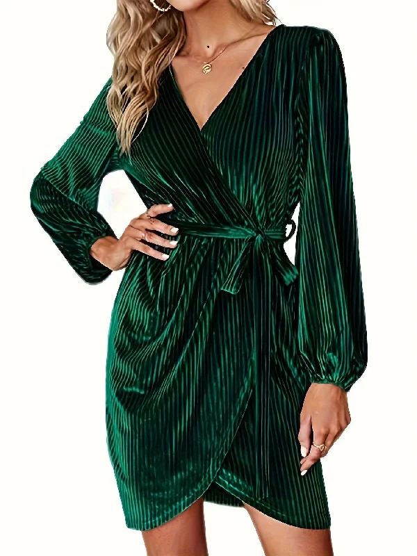 Solid Velvet Lantern Sleeve Dress, Tie-waist Surplice Neck Wrap Dress Smocked unclassified dresses