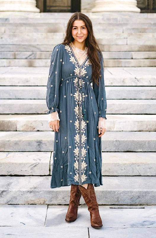 Vivienne Dusty Slate Embroidered Dress - FINAL FEW - FINAL SALE Beach unclassified dresses