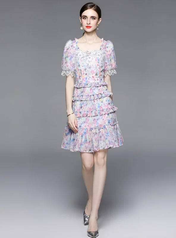 Square Neck Chiffon Floral Cake Dress Smocked floral dresses