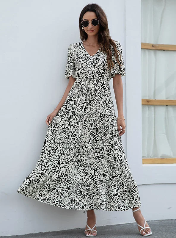 V-neck Fashion Printed Flounce Dress Vintage floral dresses