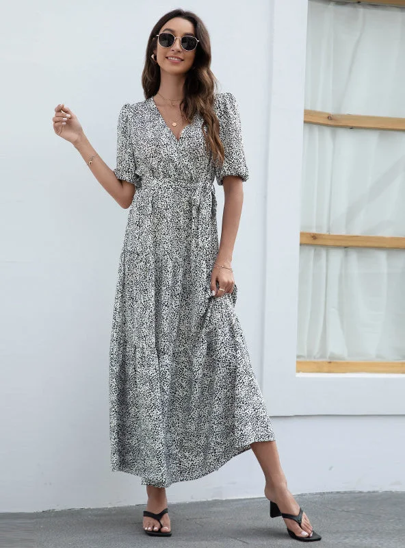 V-neck Printed Bubble Sleeve Dress Summer floral dresses