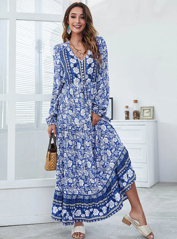 V-neck Printed High Waist Big Swing Dress Party floral dresses