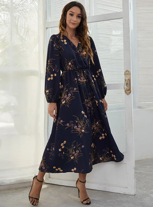 V-neck Printed Leisure Holiday Dress Boho floral dresses