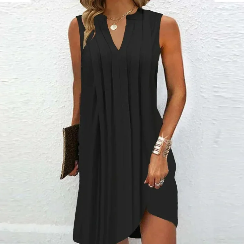 V Neck Sleeveless Pleated Design Dress Cocktail unclassified dresses