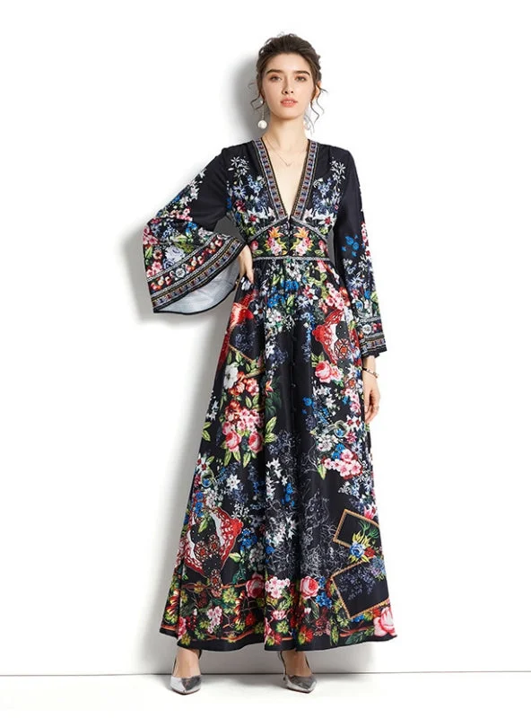 V-neck Slim Flared Sleeve Printed Dress A-line floral dresses