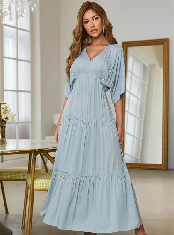 V-neck Solid Color Bat Sleeve Dress Neutral tone unclassified dresses